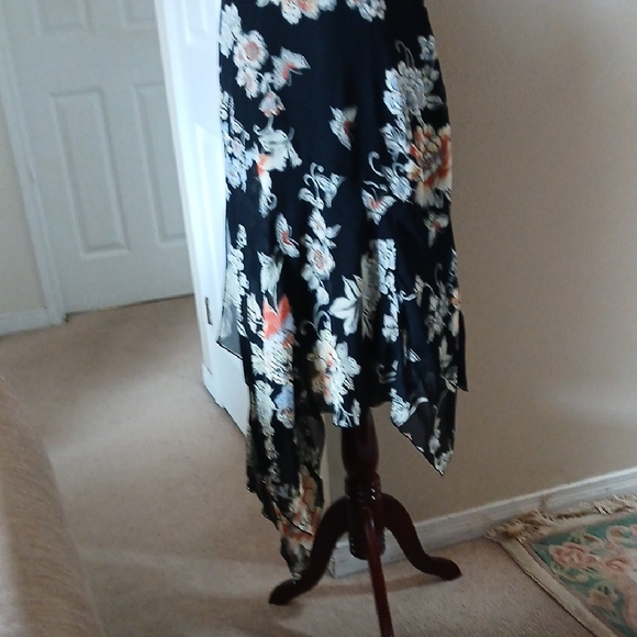 Black Floral Asymmetrical Slip Dress with Delicate Floral Print - Picture 4 of 11
